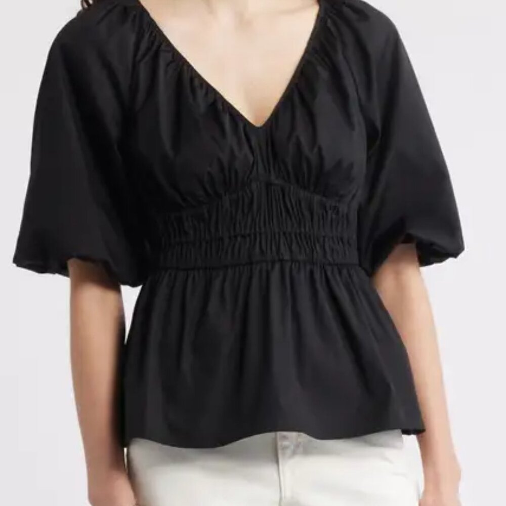 Nordstrom Puff Sleeve Cotton Poplin Shirt Black Small